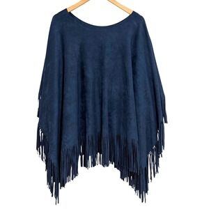 2 Chic Navy Blue Faux Suede Fringe Poncho One Size Boho Festival Cape Wrap